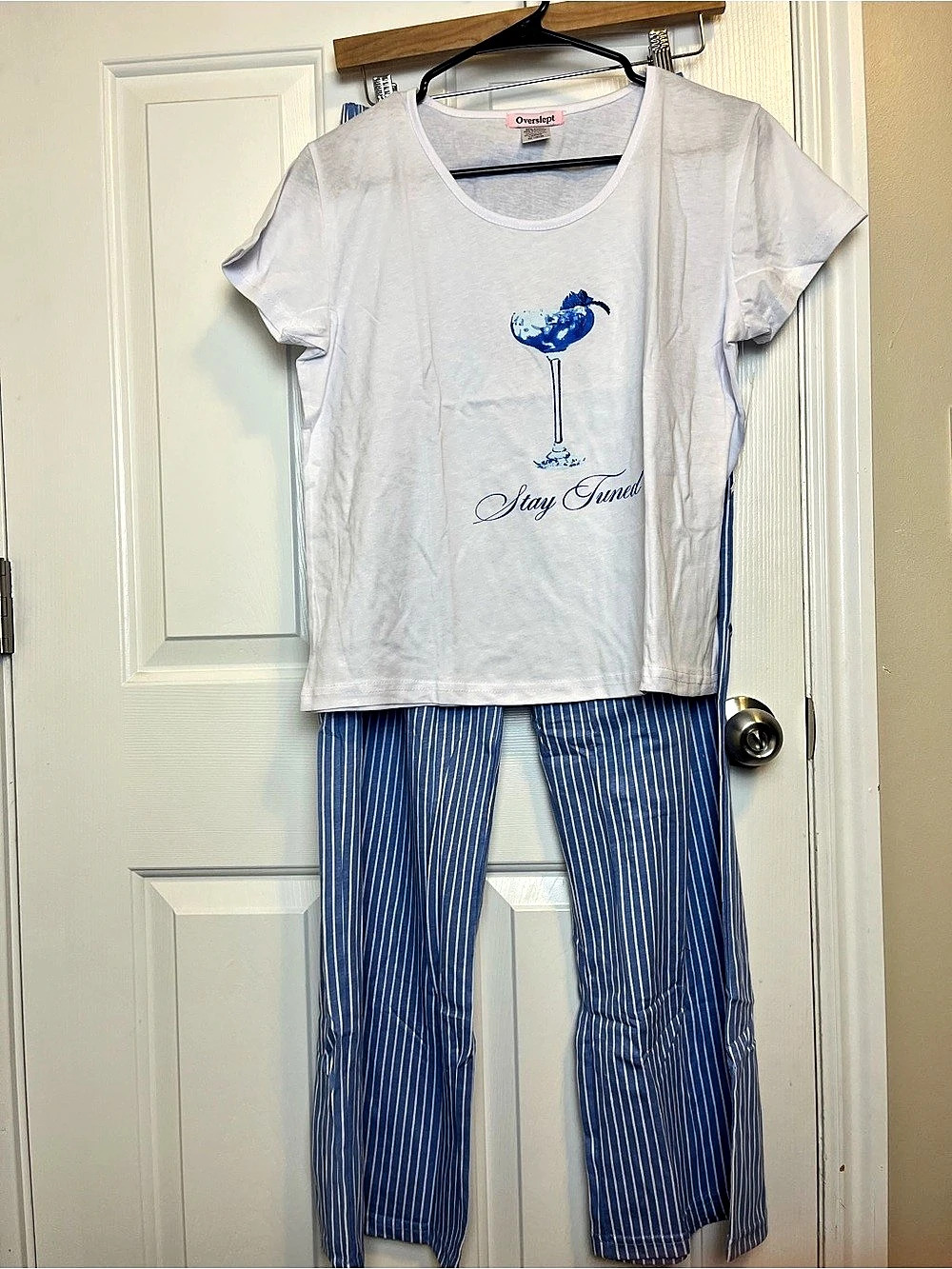 💛 Overslept Striped Pajama Set in White & Blue Size Large NWT
